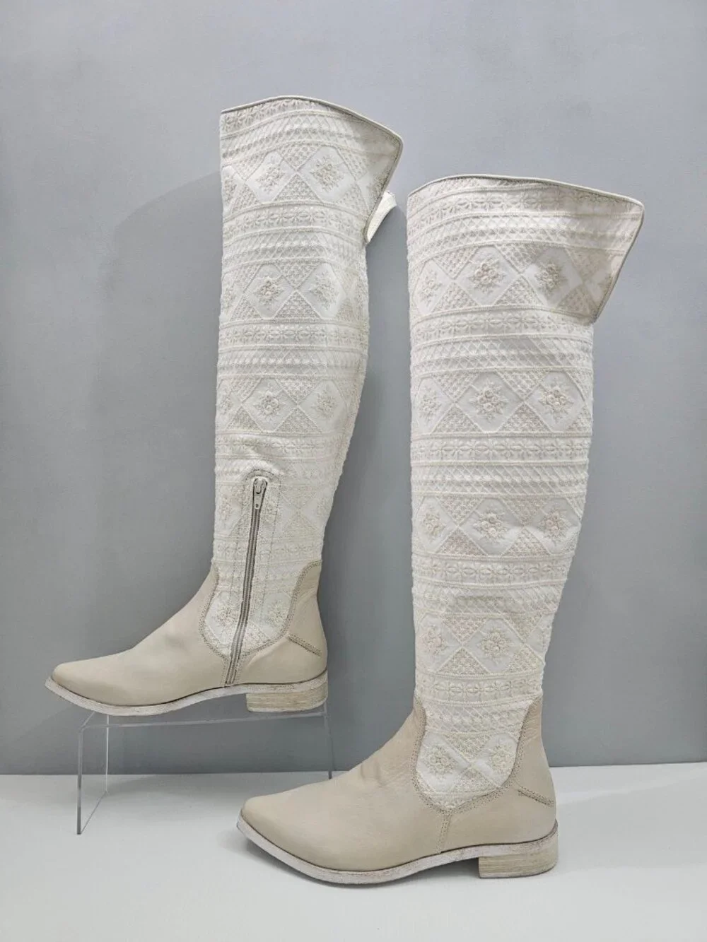 Free People Bren Knee High Boot Womens EU 37 Cream Embroidered Boho Slouchy